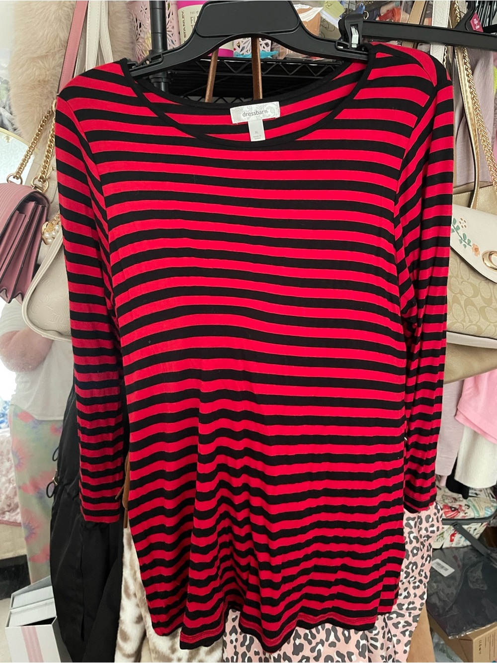 dressbarn Red and Black Striped Long Sleeve Tee